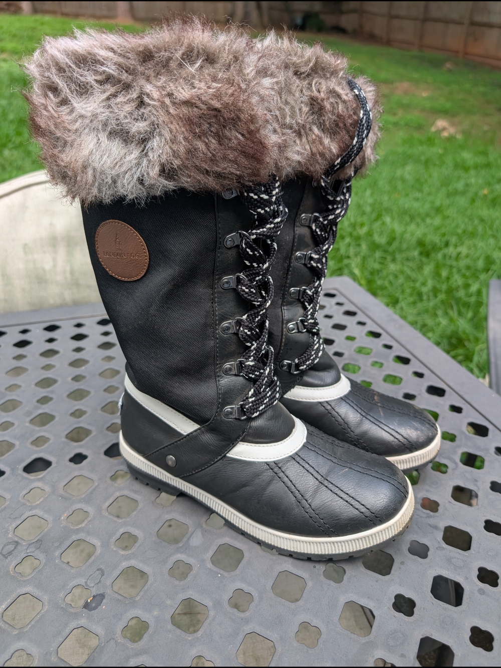 London Fog Black and Brown Faux-Fur Winter Lace-Up Boots